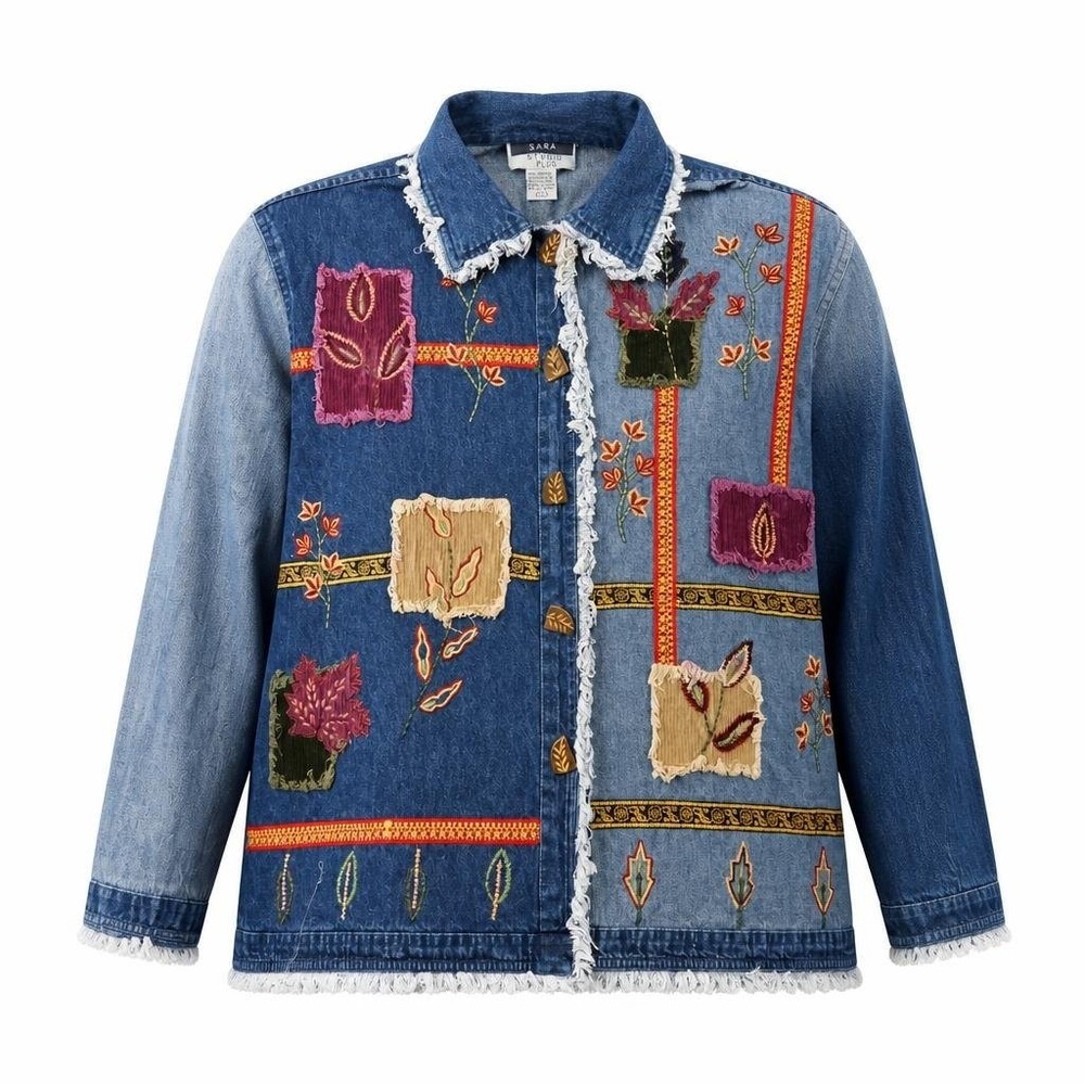 VTG Sara Studio Jean Jacket Womens 2X Blue Embroidered Patchwork Fringed‎ Boho